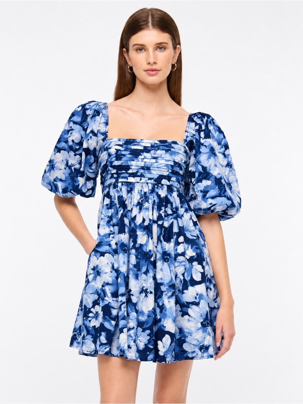 Abercrombie Emerson Poplin Puff Sleeve Mini Dress Blue Floral Size XL